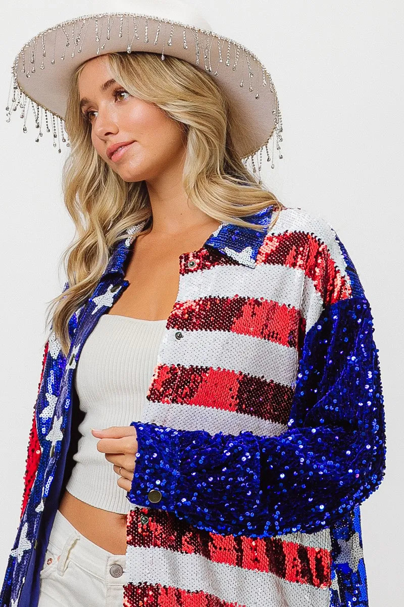 Image of BiBi Velvet Sequin American Flag Shirt | Queeble.shop