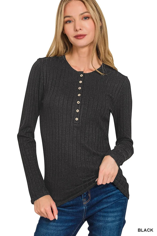 Image of Zenana Ribbed Long Sleeve Half Button Top | Queeble.shop