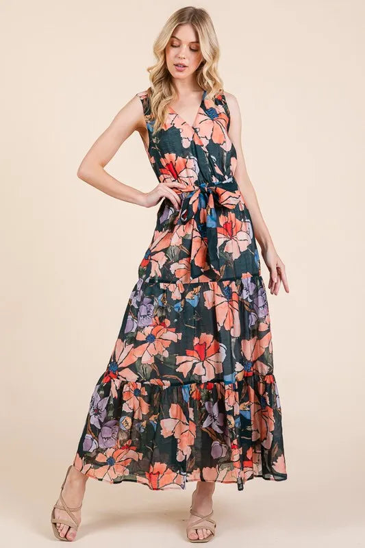 Image of Lime 'N' Chili Floral Print Sleeveless Tie Waist Maxi Dress | Queeble.shop