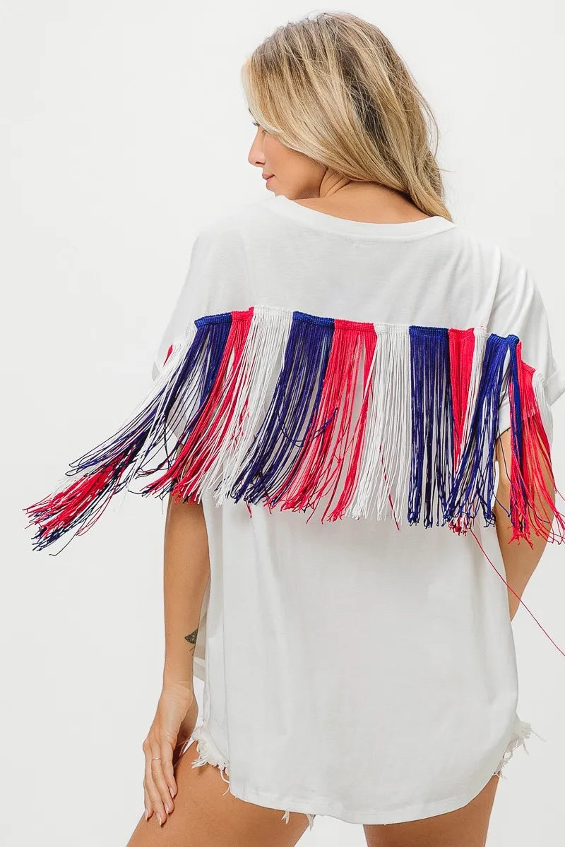 Image of BiBi American Flag Sequin Star Fringe Top | Queeble.shop