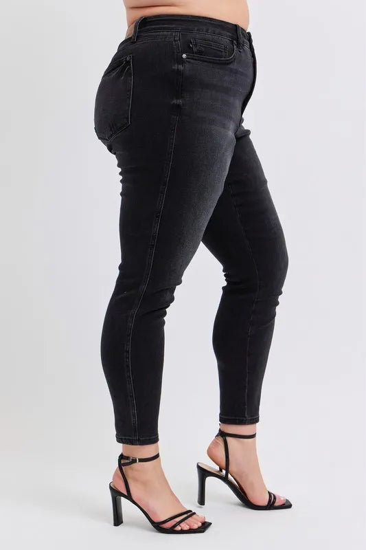 Image of Judy Blue Full Size Mid Rise Tummy Control Skinny Jeans Plus Size | Queeble.shop