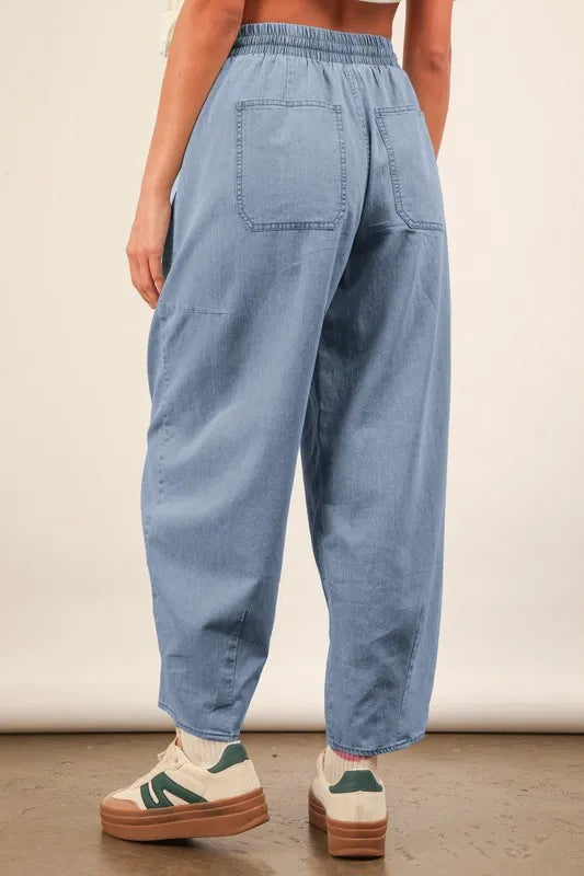 Image of VERY J Washed Chambray Barrel Denim Pants | Queeble.shop