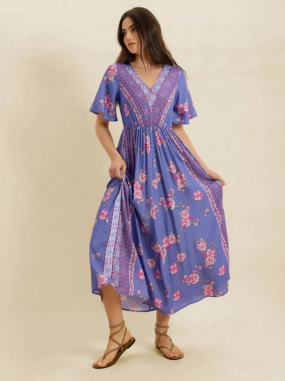 Image of Printed Short Sleeve Midi Dress | Queeble.shop