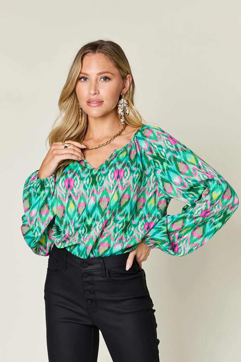 Image of Double Take Full Size Printed Balloon Sleeve Blouse | Queeble.shop