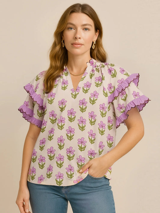 Image of Umgee Floral Print Ruffle Short Sleeve Blouse | Queeble.shop