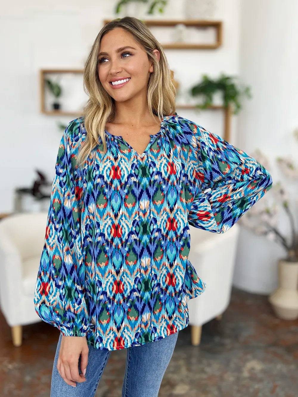 Image of Double Take Full Size Printed Balloon Sleeve Blouse | Queeble.shop