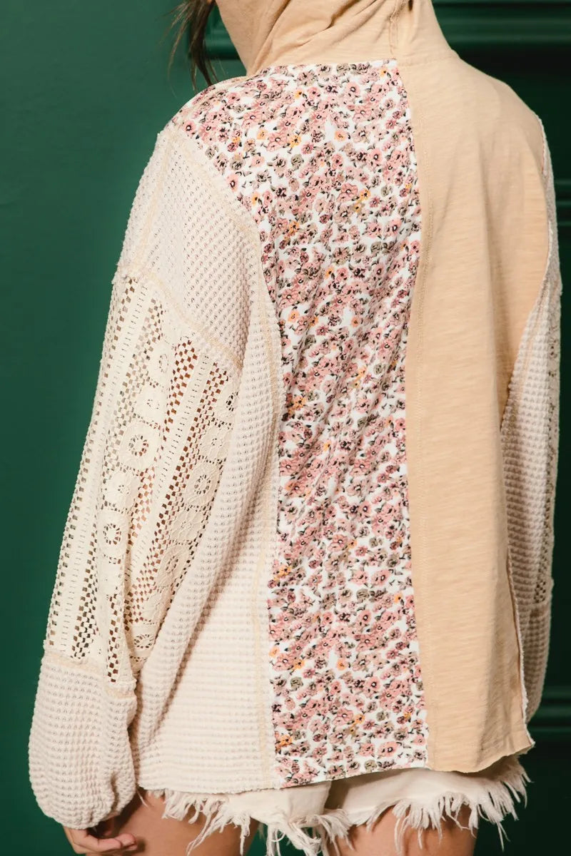 Image of BiBi Slub Jersey with Lace Combo Buttoned Hoodie Top | Queeble.shop