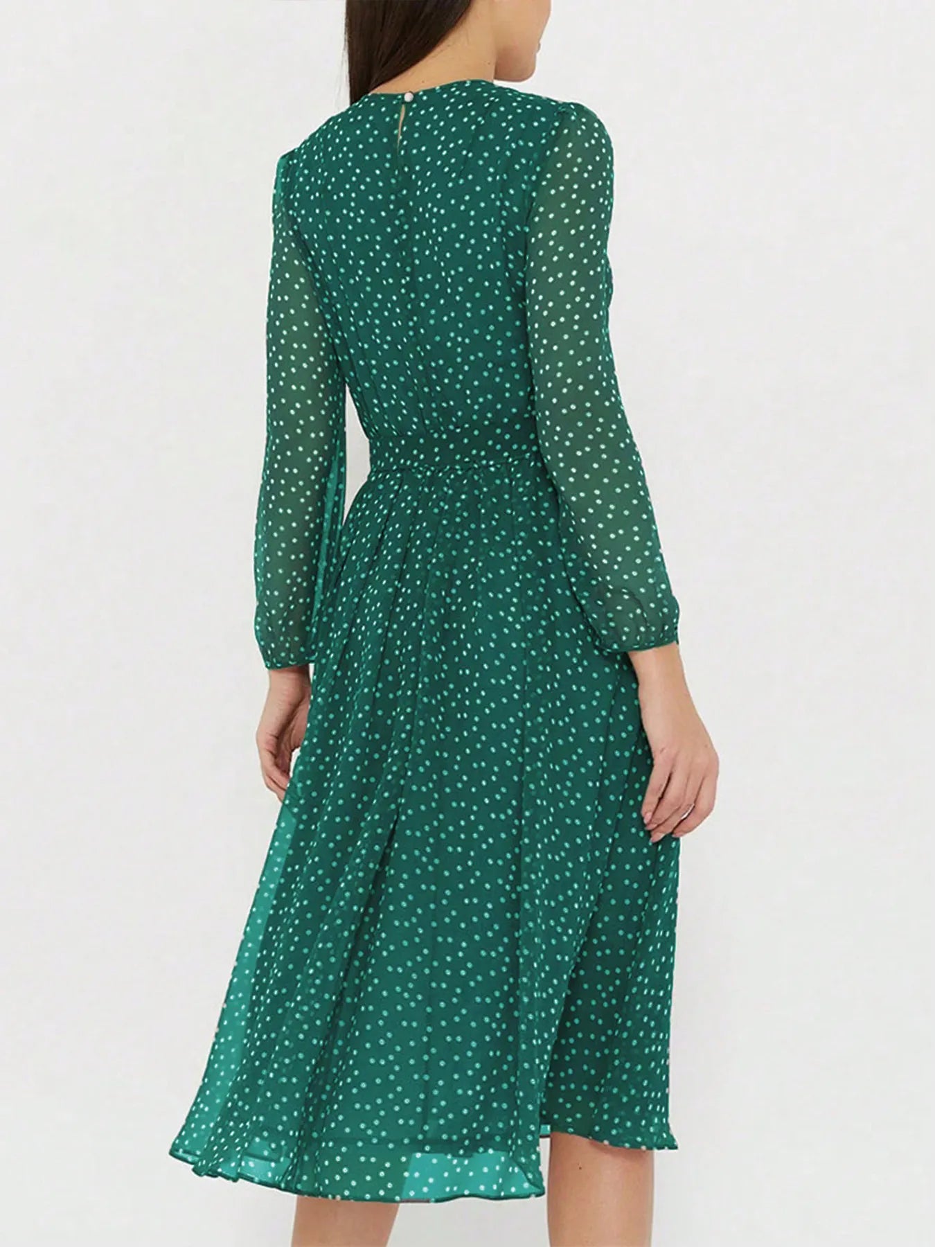 Image of Printed Round Neck Long Sleeve Midi Dress | Queeble.shop