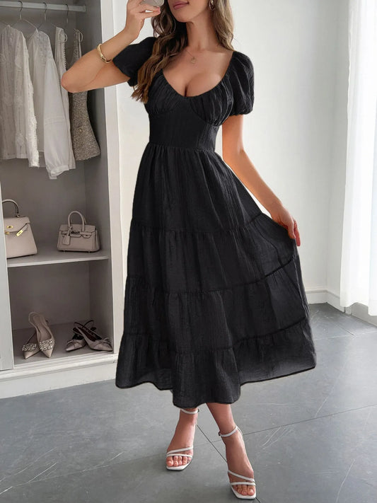 Image of Backless Tiered Puff Sleeve Midi Dress | Queeble.shop