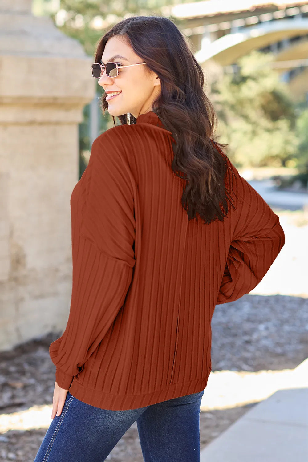 Image of Basic Bae Full Size Ribbed Exposed Seam Mock Neck Knit Top | Queeble.shop