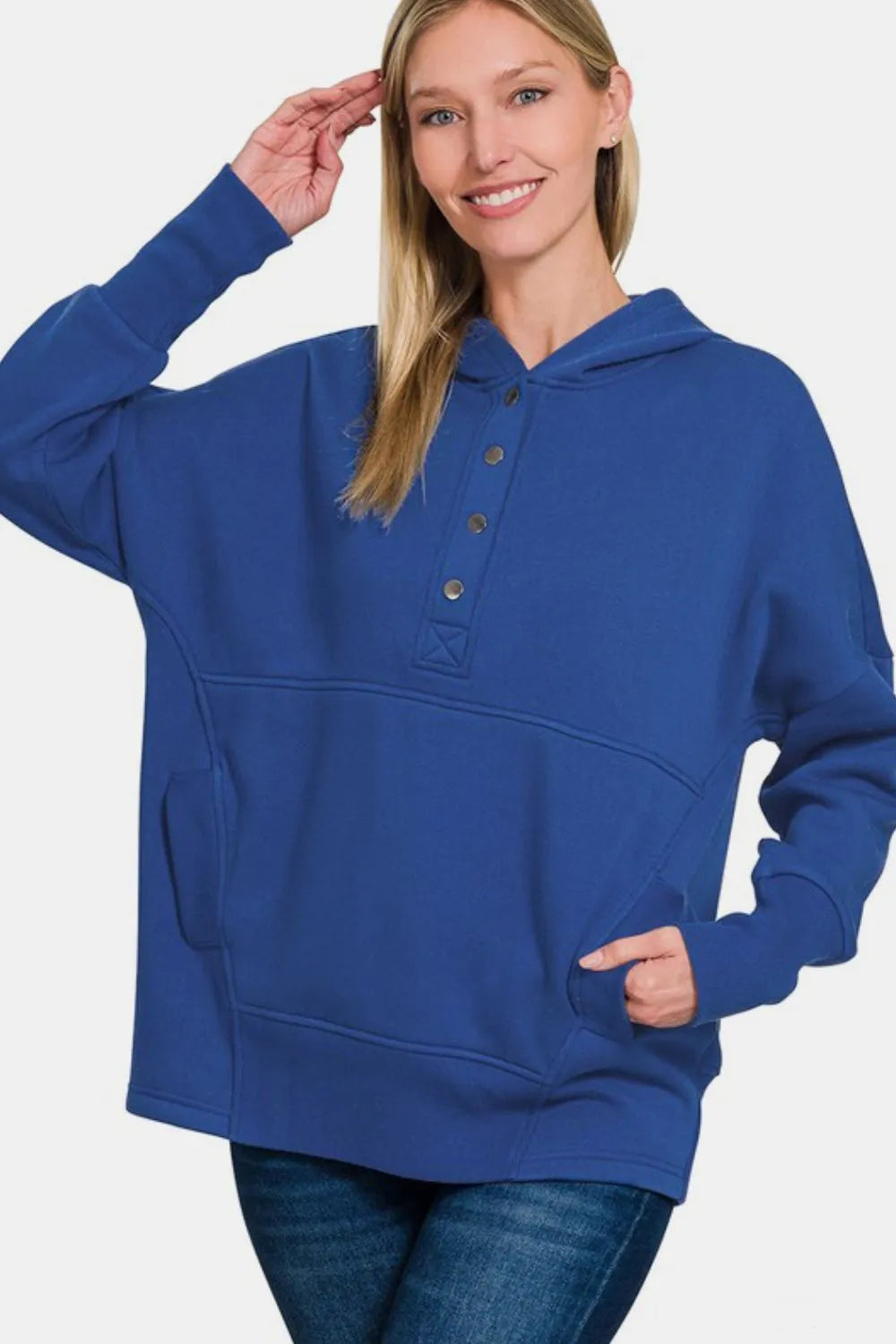Image of Zenana Half Snap Long Sleeve Hoodie with Kangaroo Pocket | Queeble.shop