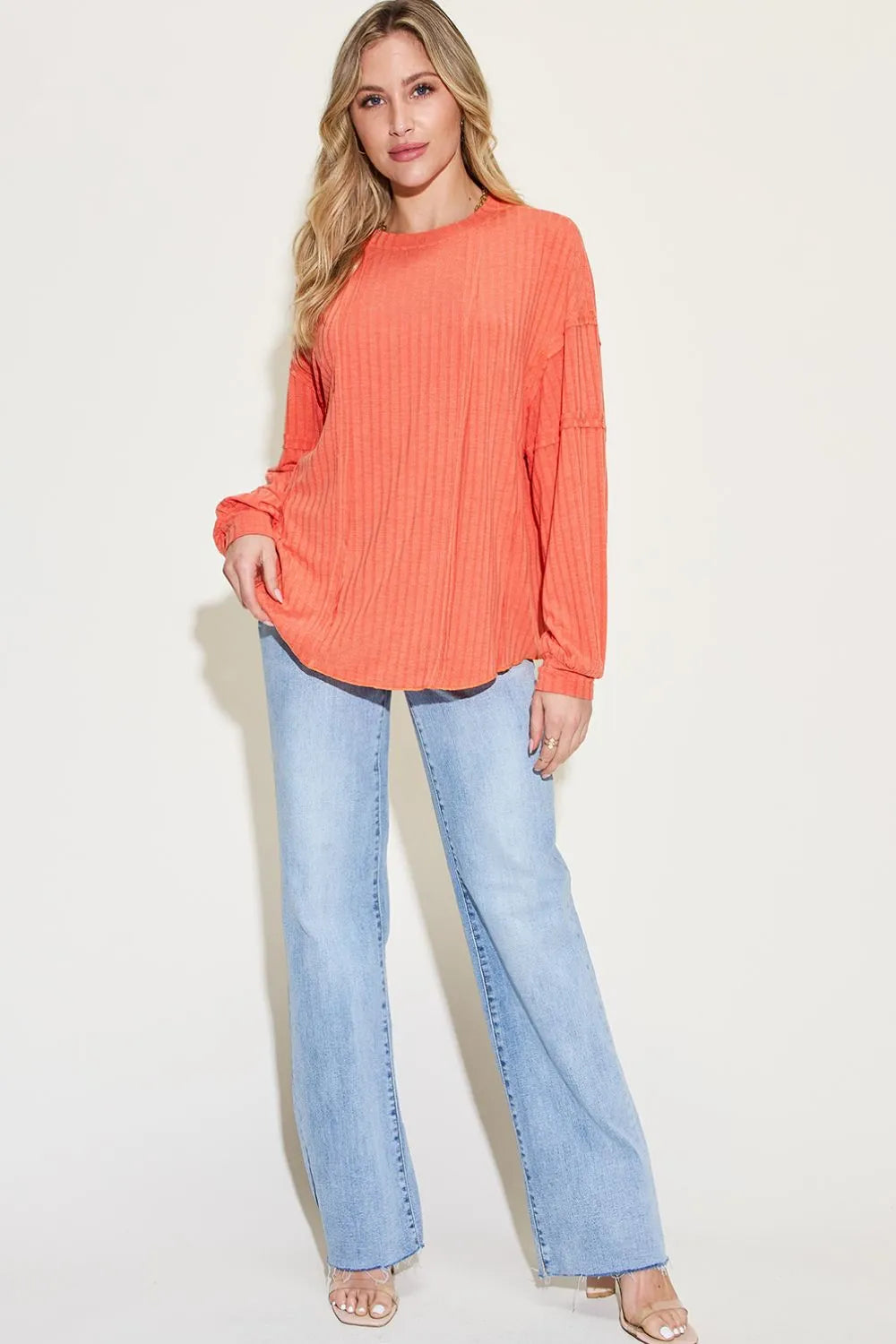 Image of Basic Bae Full Size Ribbed Round Neck Long Sleeve T-Shirt | Queeble.shop