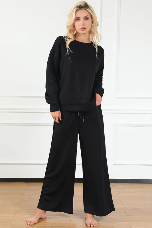 Image of Double Take Full Size Textured Long Sleeve Top and Drawstring Pants Set | Queeble.shop
