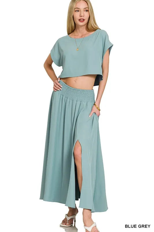 Image of Zenana Heavy Woven Span Crop Tee & Skirt Set | Queeble.shop