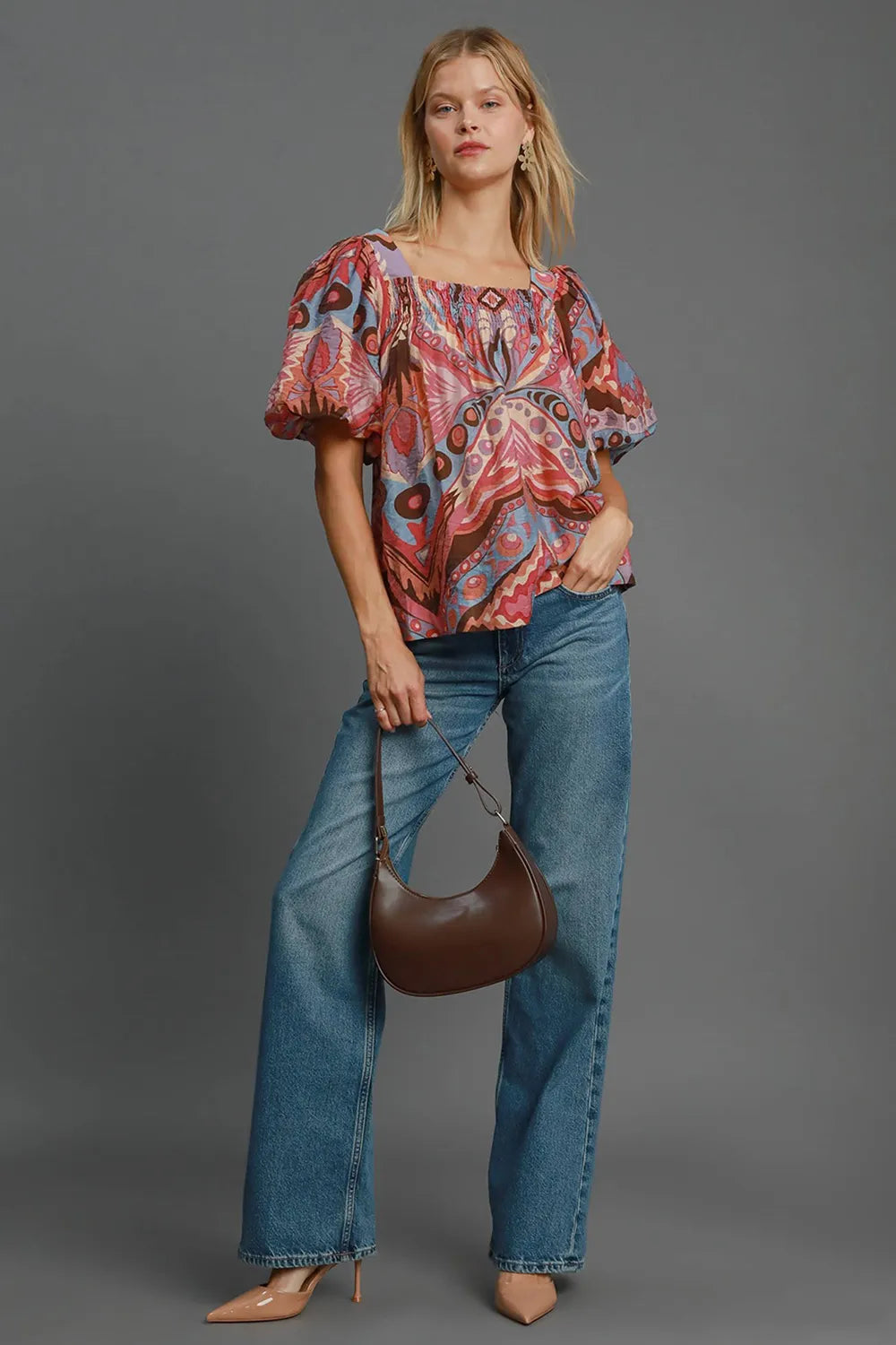 Image of Umgee Full Size Abstract Print Smocked Square Neck Puff Sleeve Blouse | Queeble.shop