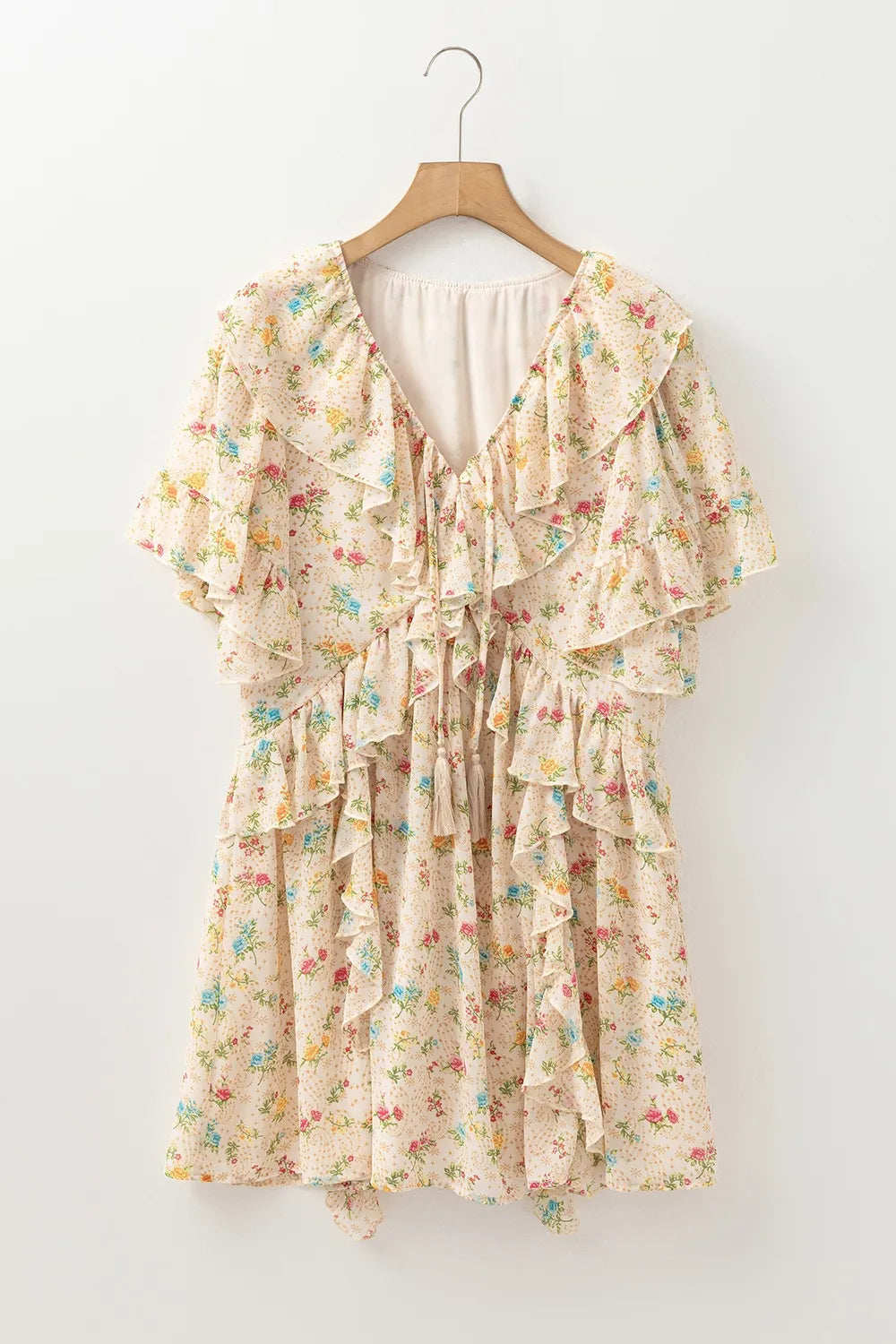 Image of Boho Floral Tassel Tie V Neck Ruffle Wide Sleeve Mini Dress | Queeble.shop