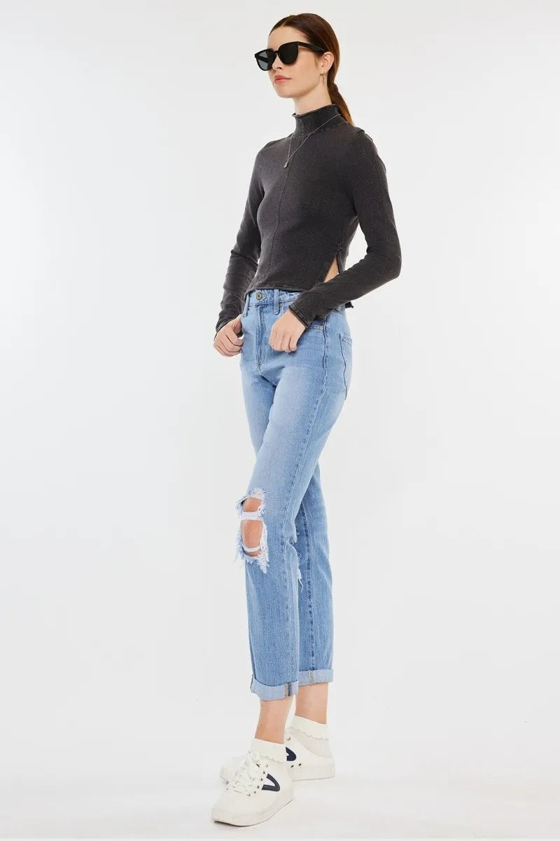 Image of Kancan High Rise Distressed Mom Jeans | Queeble.shop