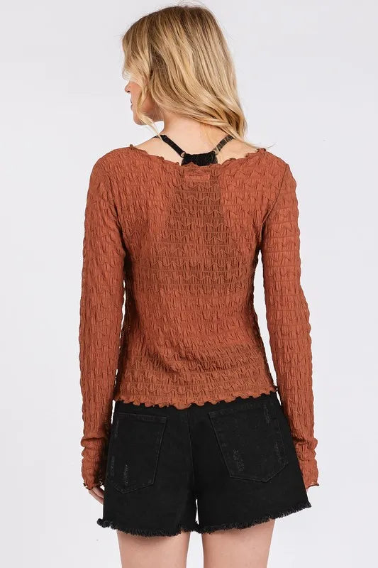 Image of Mittoshop Lettuce Hem Boat Neck Long Sleeve Blouse | Queeble.shop