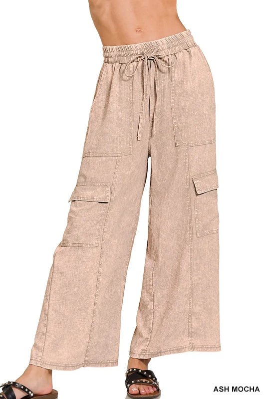 Image of Zenana Washed Linen Elastic Band Waist Cargo Pants | Queeble.shop