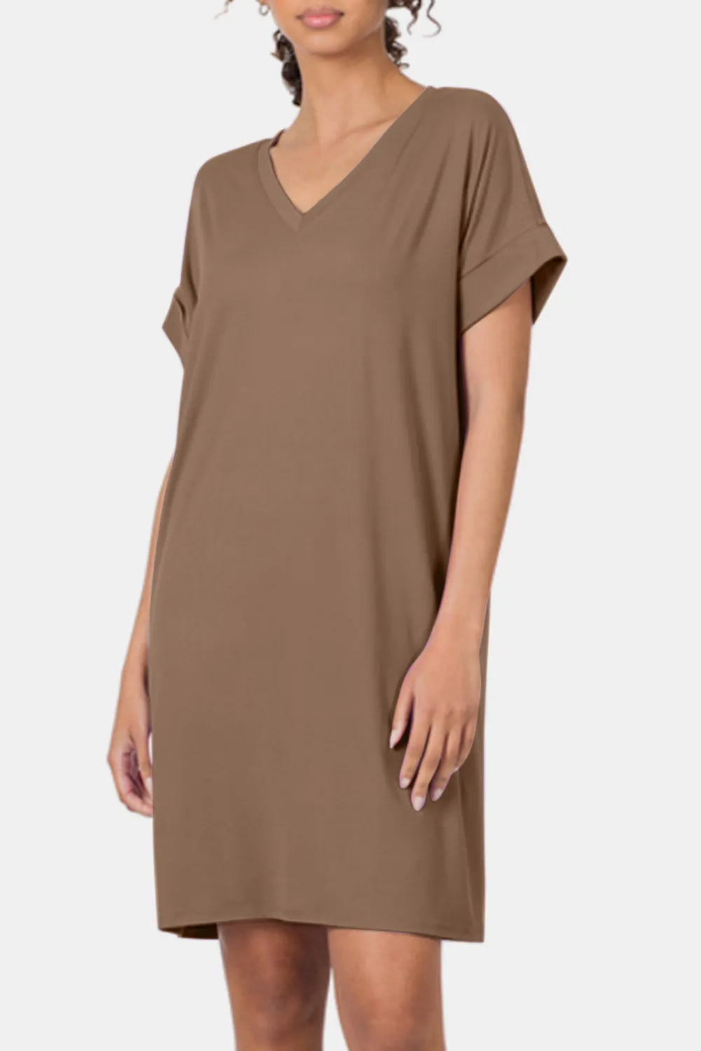 Image of Zenana Rolled Short Sleeve V-Neck Dress | Queeble.shop