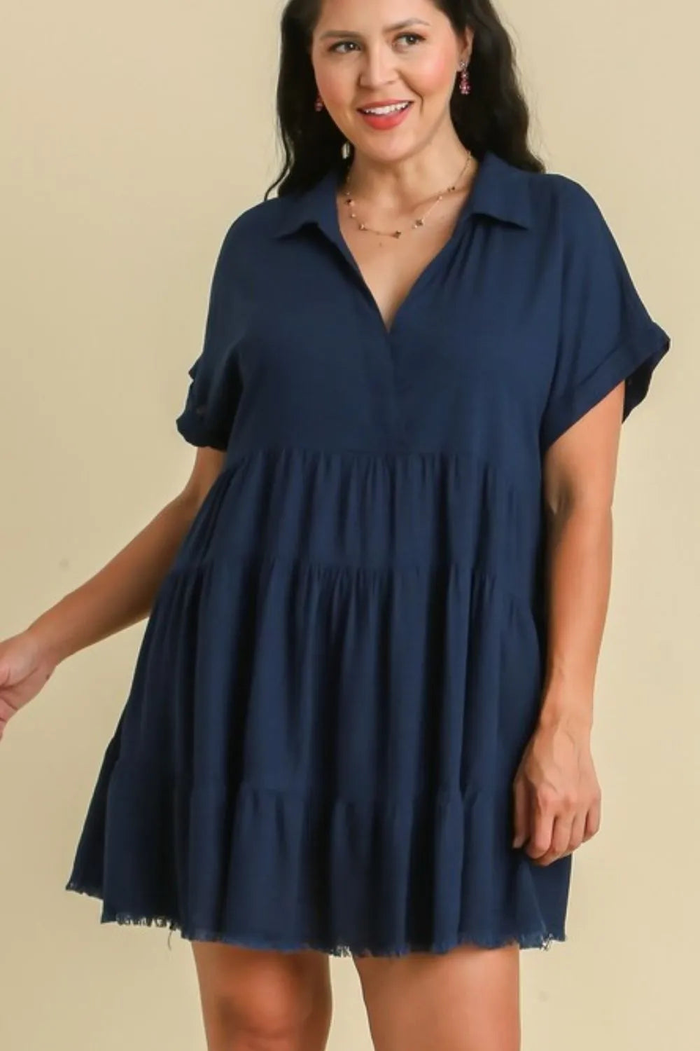 Image of Umgee Full Size Raw Hem Folded Sleeve Tiered Dress Plus Size | Queeble.shop