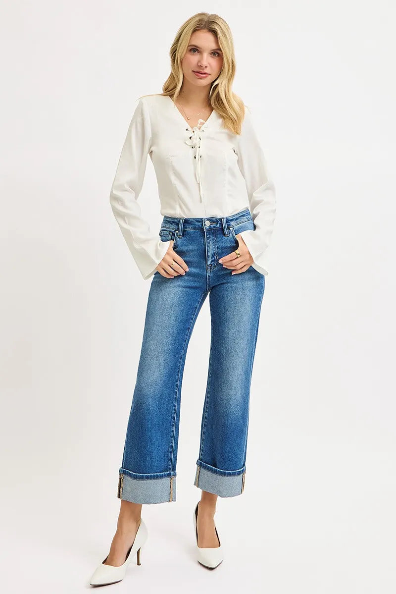 Image of RISEN Full Size Mid Rise Crop Straight Cuffed Jeans Plus Size | Queeble.shop
