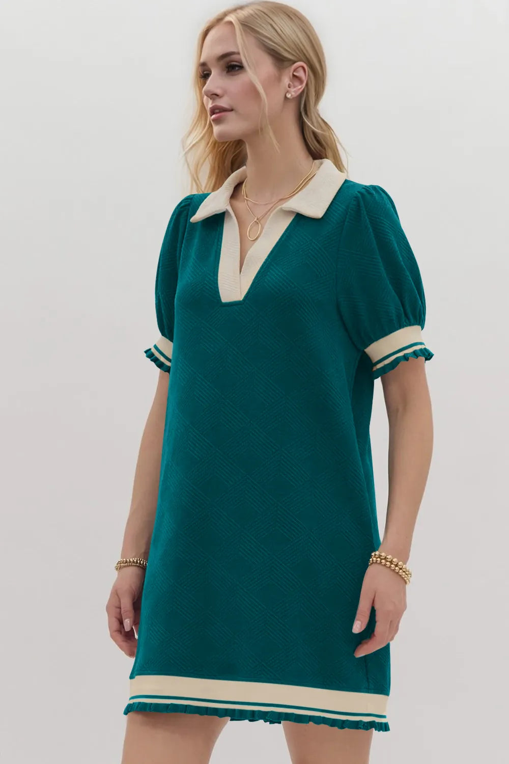 Image of Oh Frill Contrast Trim Johnny Collar Short Sleeve Mini Dress | Queeble.shop