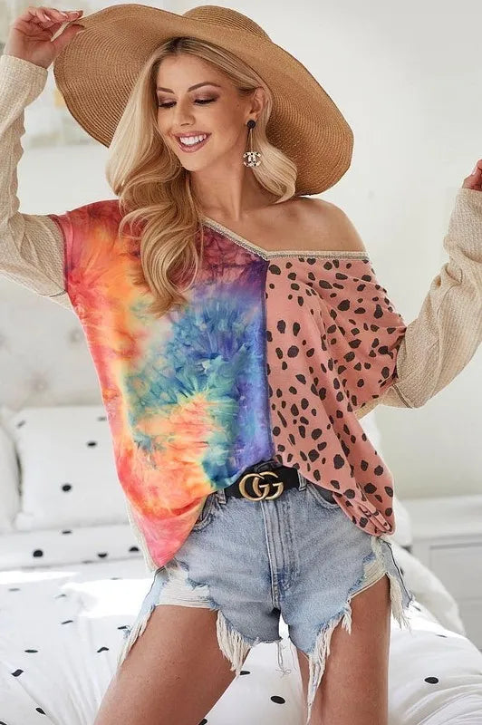 Image of BiBi Print Block V Neck Top with Contrast Stitching | Queeble.shop
