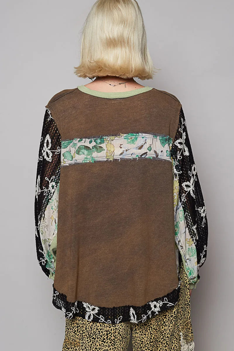 Image of POL Button Detail Floral Patchwork Crochet Sleeve Blouse | Queeble.shop