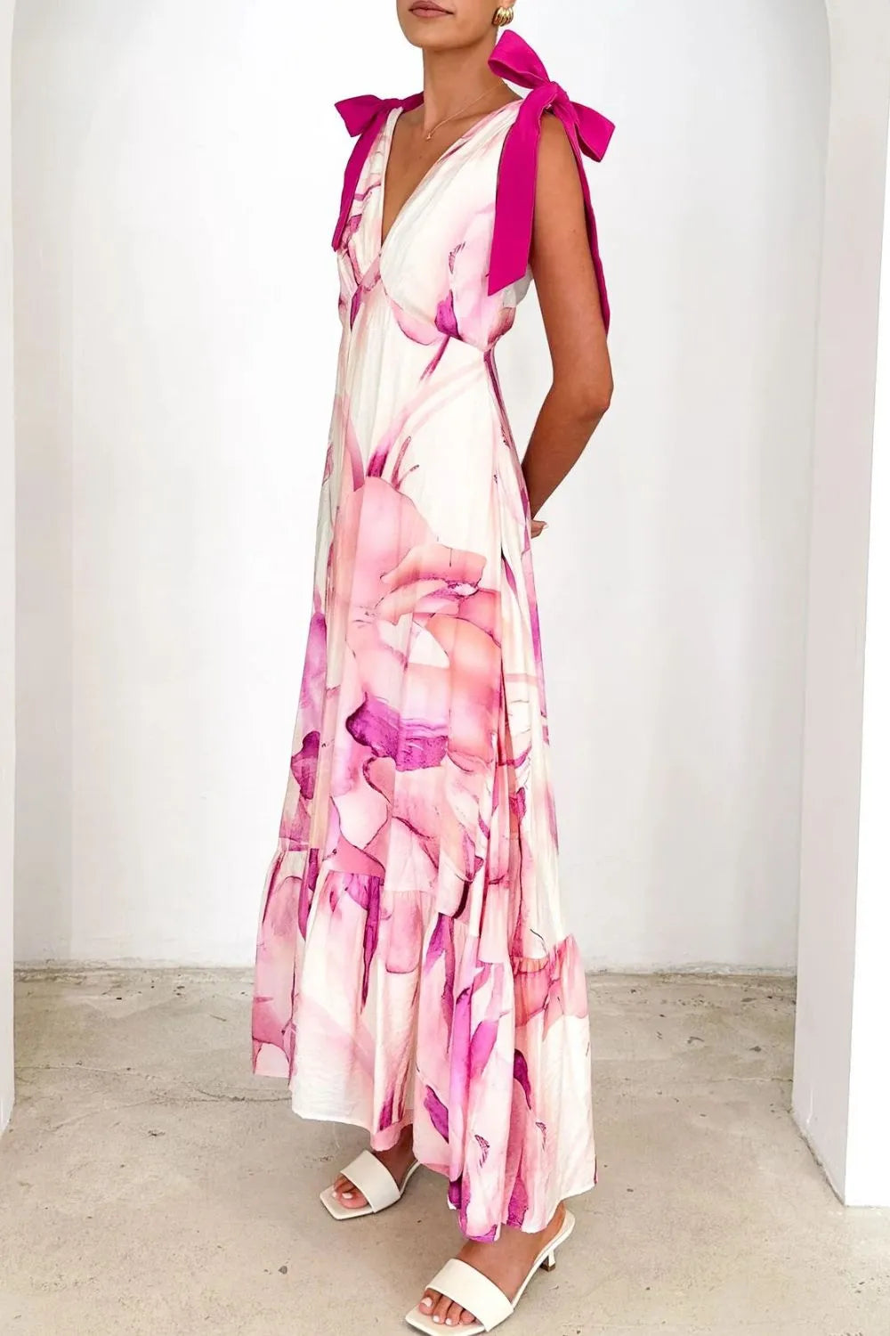 Image of Printed V-Neck Tie Shoulder Midi Cami Dress | Queeble.shop