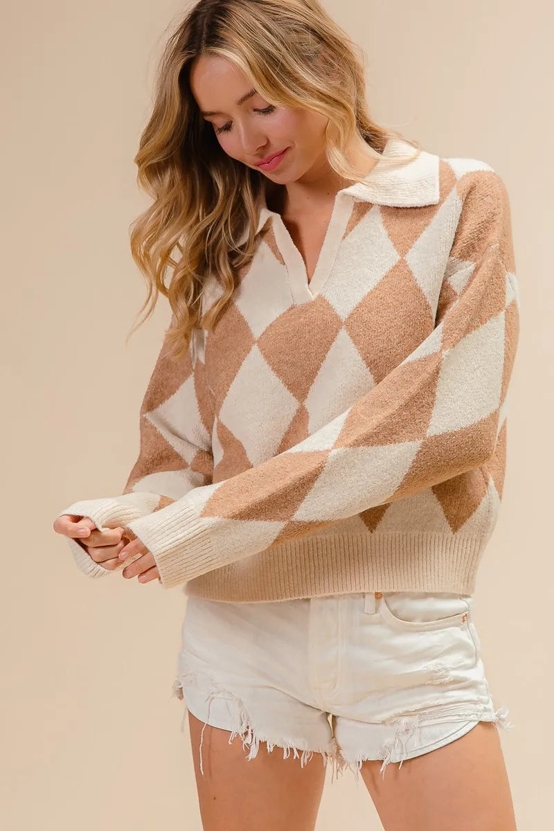 Image of BiBi Diamond Pattern Collared Notch Neck Sweater | Queeble.shop