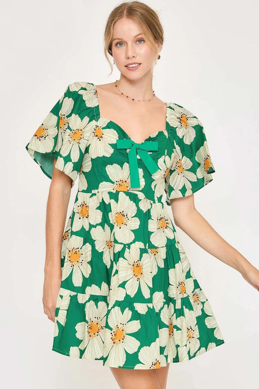 Image of Umgee Full Size Daisy Print Mini Dress with Ribbon Details Plus Size | Queeble.shop