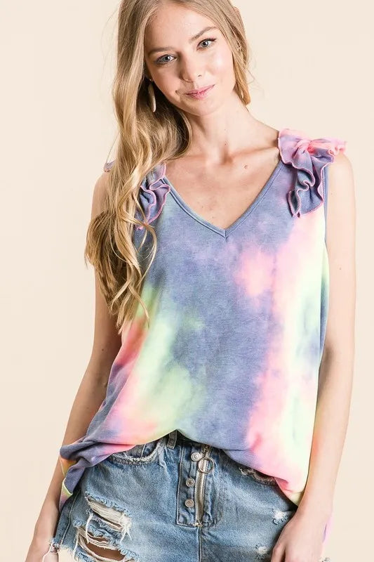 Image of BiBi Tie Dye French Terry V Neck Top with Ruffle | Queeble.shop