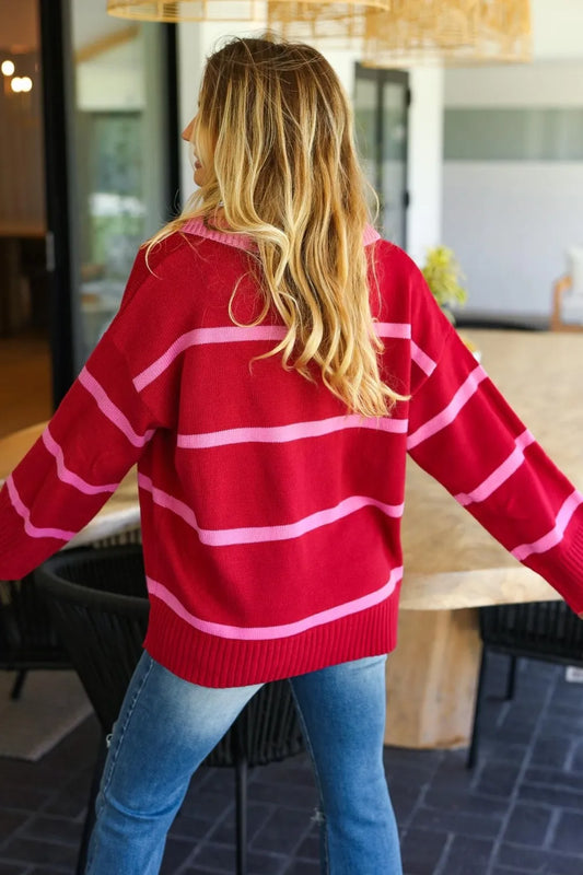 Image of Haptics Collared Neck Striped Contrast Sweater | Queeble.shop