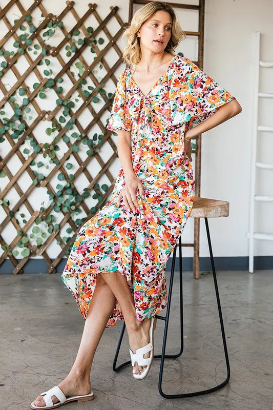 Image of Lime 'N' Chili Floral Print Sweetheart Neck Tie Front Midi Dress | Queeble.shop