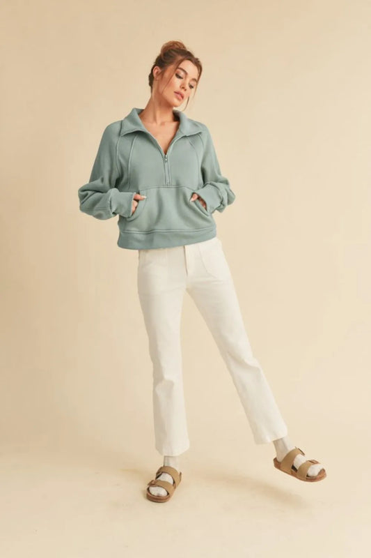 Image of Aemi + Co Half Zip Raglan Sleeve Sweatshirt with Kangaroo Pocket | Queeble.shop