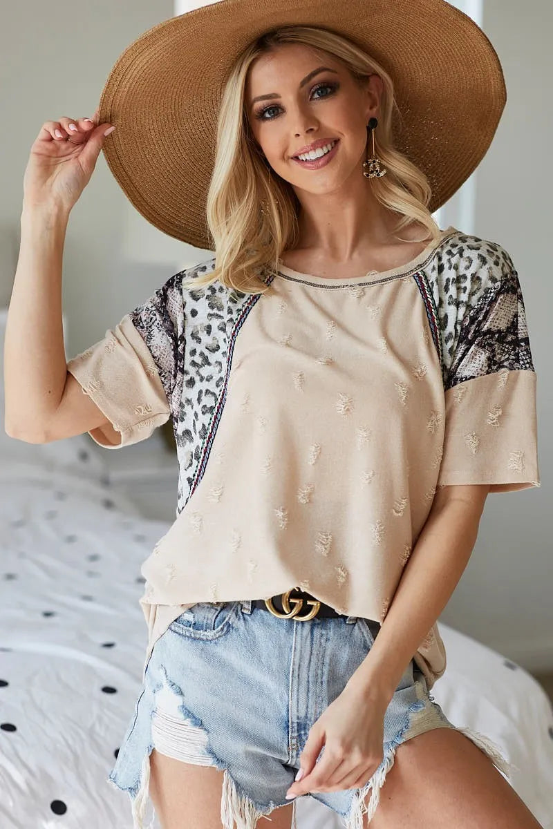 Image of BiBi Distress Jacquard Knit with Leopard Snake Skin Top | Queeble.shop