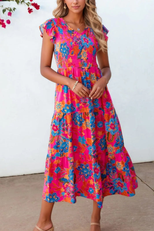 Image of Boho Floral V Neck Ruffle Tiered Dress | Queeble.shop