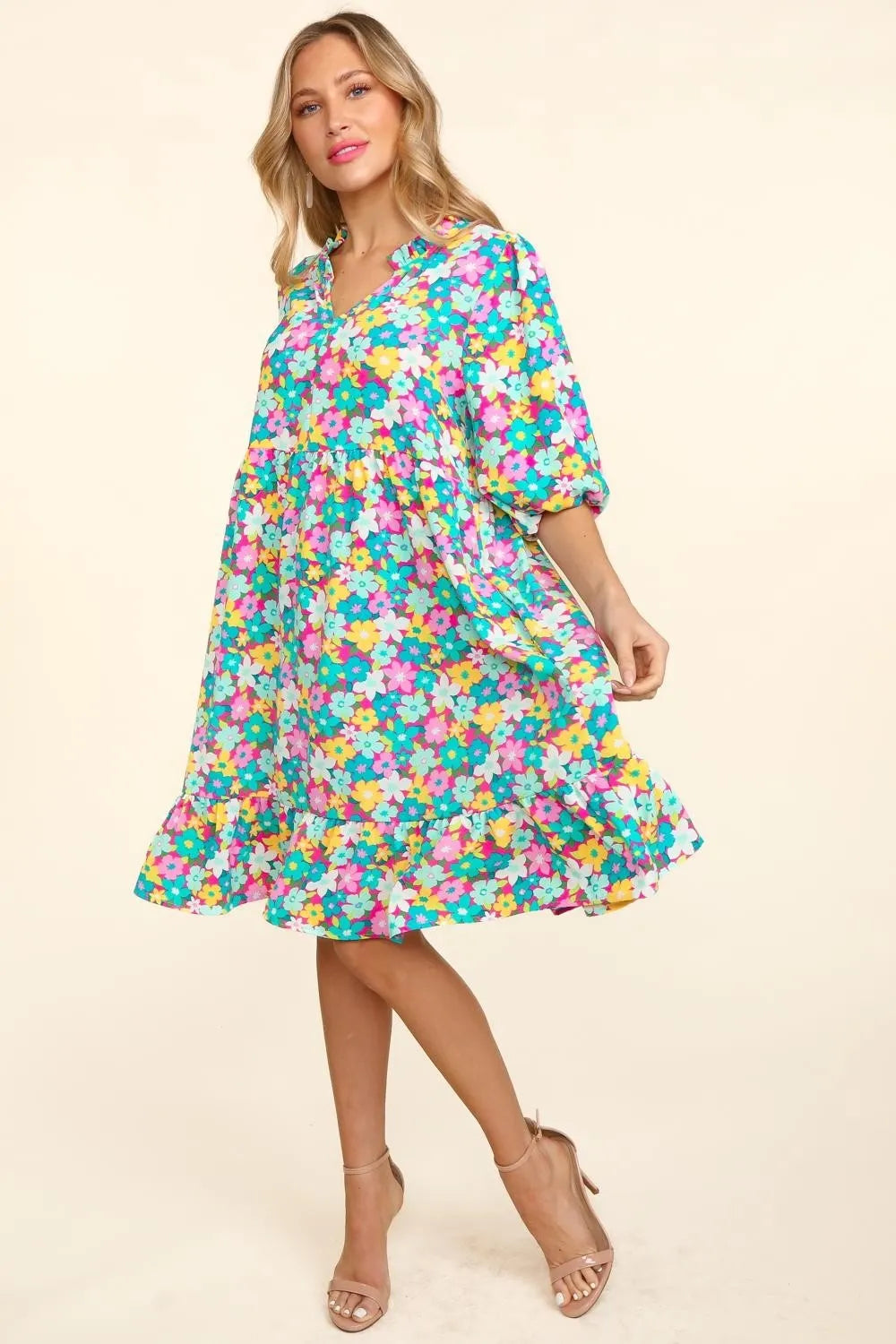 Image of Haptics Bubble Sleeve Floral Ruffled Dress | Queeble.shop