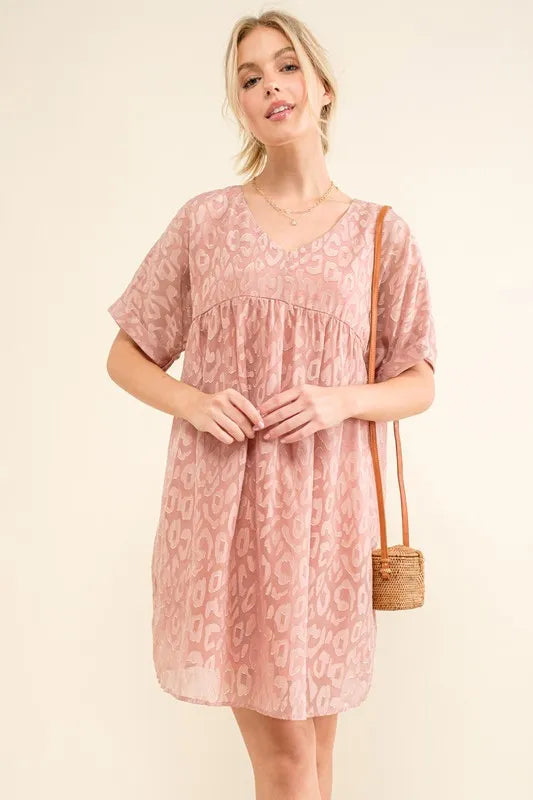 Image of And The Why Woven Leopard Baby Doll Roll-Sleeve Casual Dress | Queeble.shop