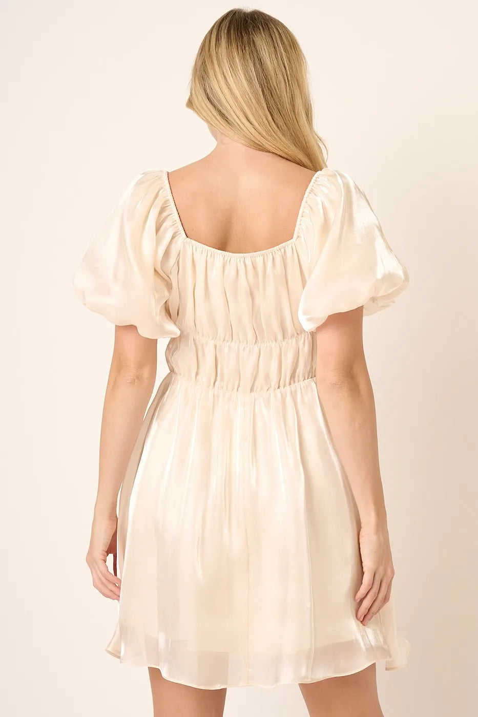 Image of Mittoshop Metallic Organza Fabric Balloon Sleeve Mini Dress | Queeble.shop