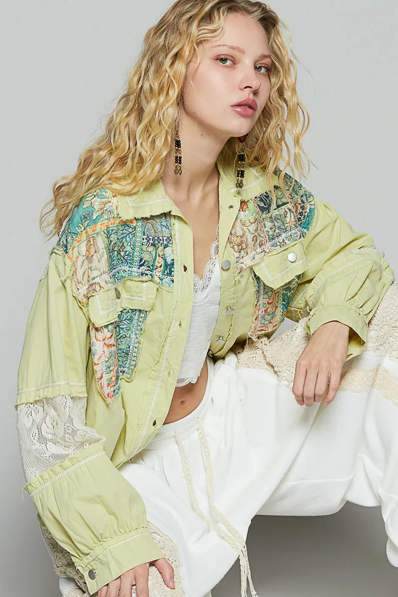 Image of POL Printed Woven Mix Raw Hem Jacket with Lace Detail | Queeble.shop