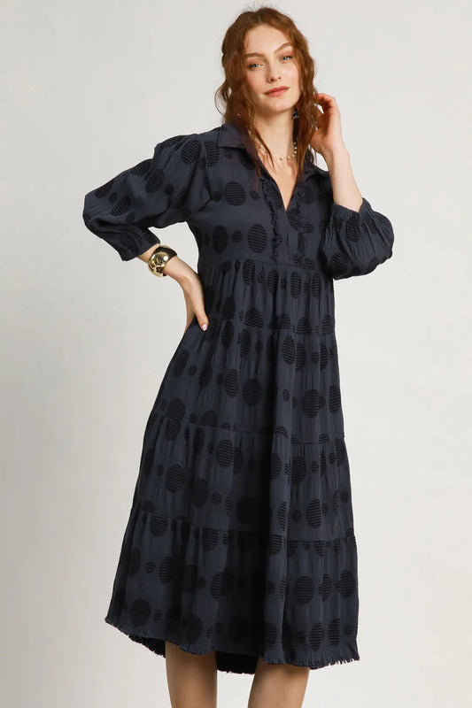 Image of Umgee Full Size Solid Dotted Jacquard Midi Dress Plus Size | Queeble.shop