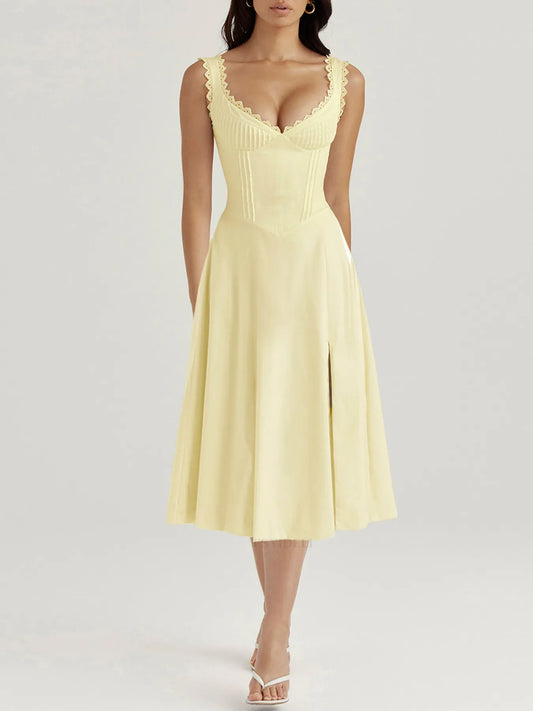 Image of Scalloped V-Neck Midi Dress with Back Lace-Up | Queeble.shop
