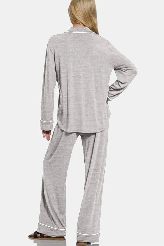 Image of Zenana Button Down Long Sleeve Top and Pants Lounge Set | Queeble.shop