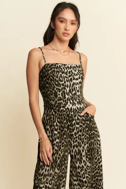 Image of Davi & Dani Leopard Spaghetti Straps Wide Leg Jumpsuit | Queeble.shop