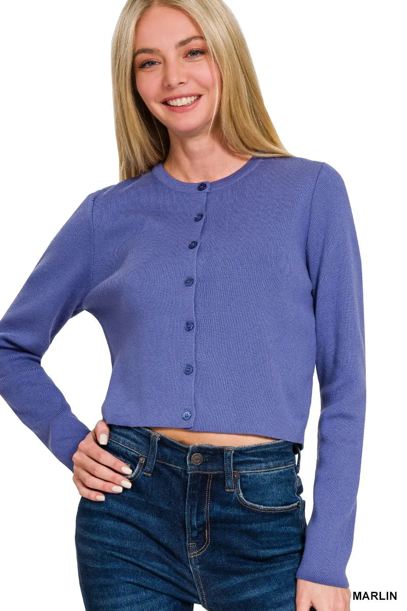 Image of Zenana Button-Front Crewneck Long Sleeve Cropped Cardigan | Queeble.shop