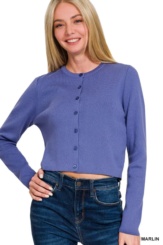 Image of Zenana Button-Front Crewneck Long Sleeve Cropped Cardigan | Queeble.shop