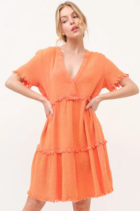 Image of And The Why Washed Frayed Detail Tiered Dress | Queeble.shop
