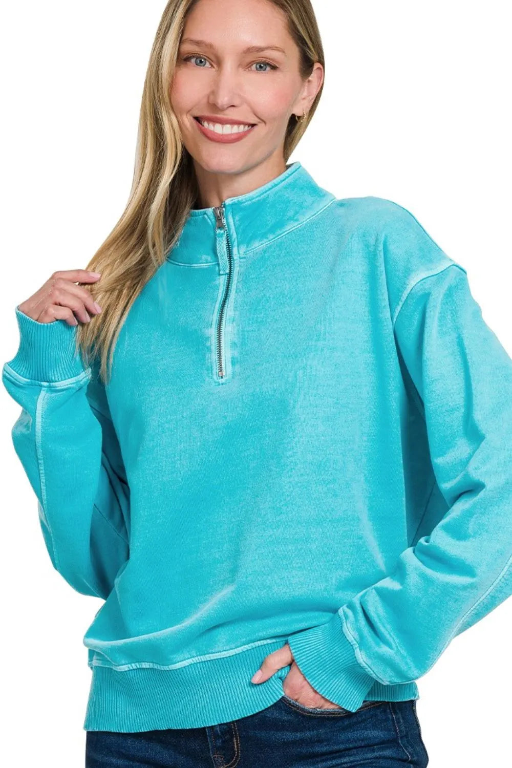 Image of Zenana F/terry Pigment Dye & Enzyme Washing Half Zip Top | Queeble.shop